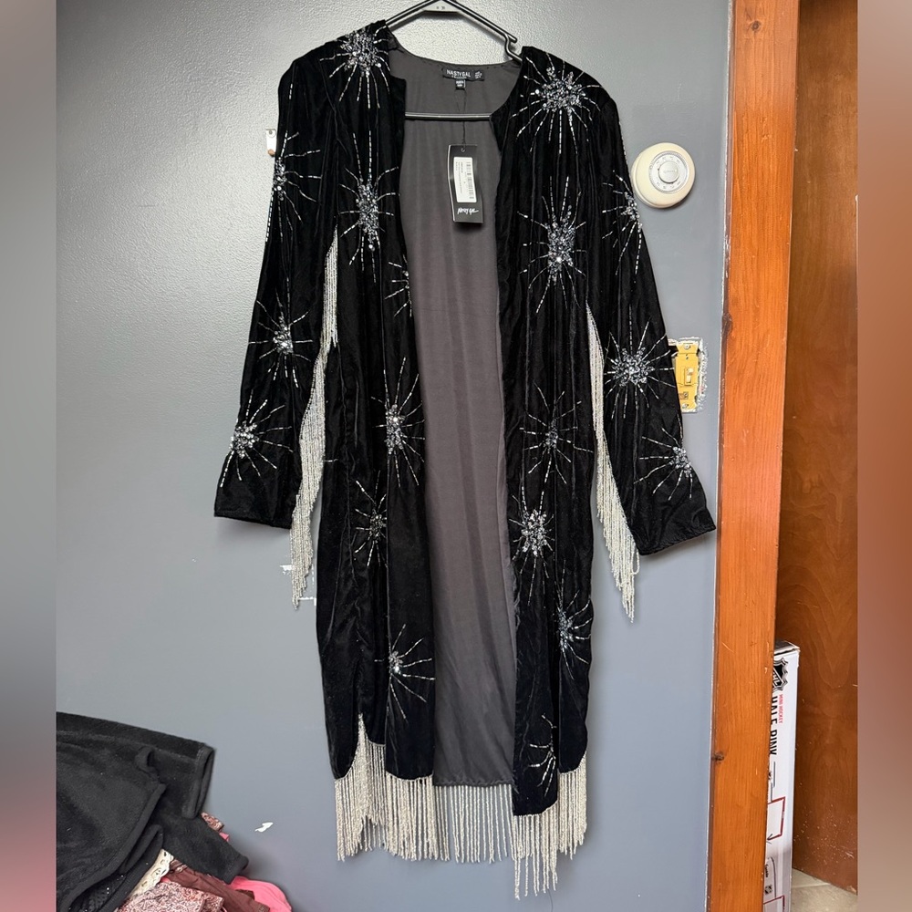 Nasty Gal Beaded Fringe Velvet Kimono Jacket Black Size 0
